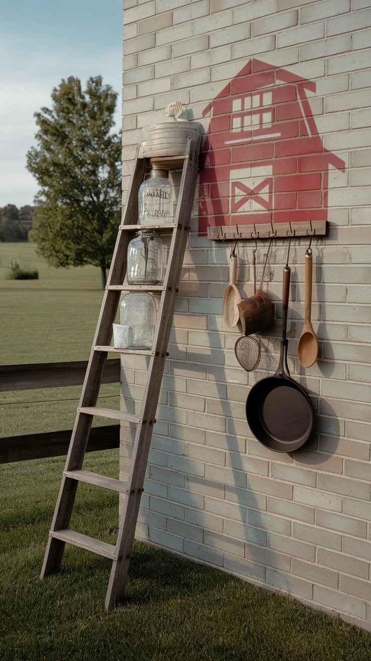 A rustic kitchen wall with a wooden ladder holding glass jars, a barn silhouette painted on the brick wall, and hanging kitchen utensils.