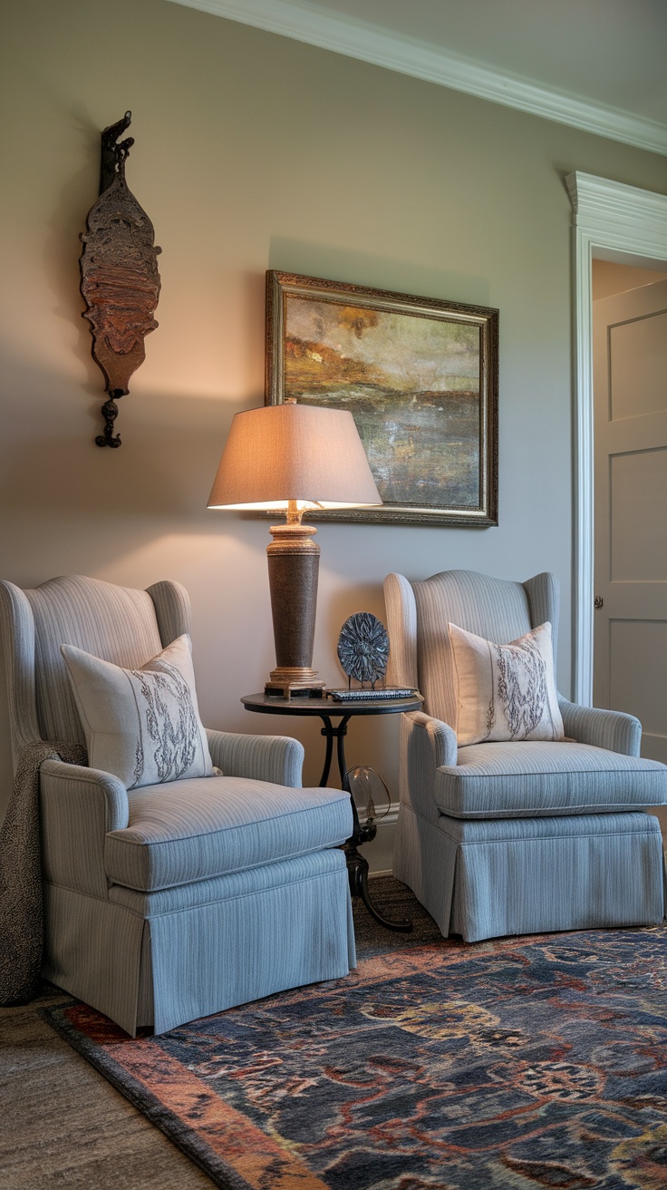 Cozy seating area featuring two upholstered chairs and a colorful area rug