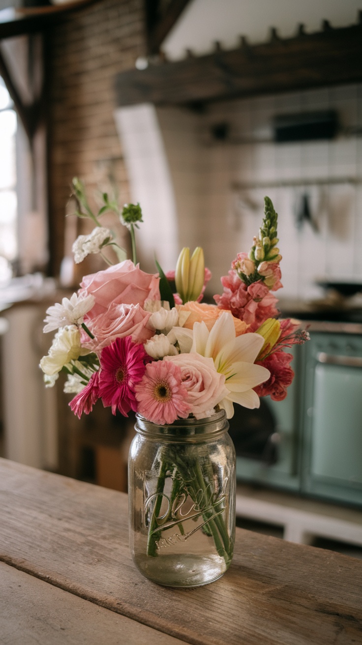 A mason jar filled with colorful flowers on a rustic wooden table in a kitchen setting.