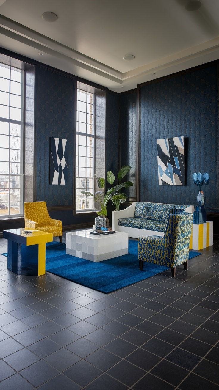 Living room with dark grey tile floor, colorful furniture, and large windows