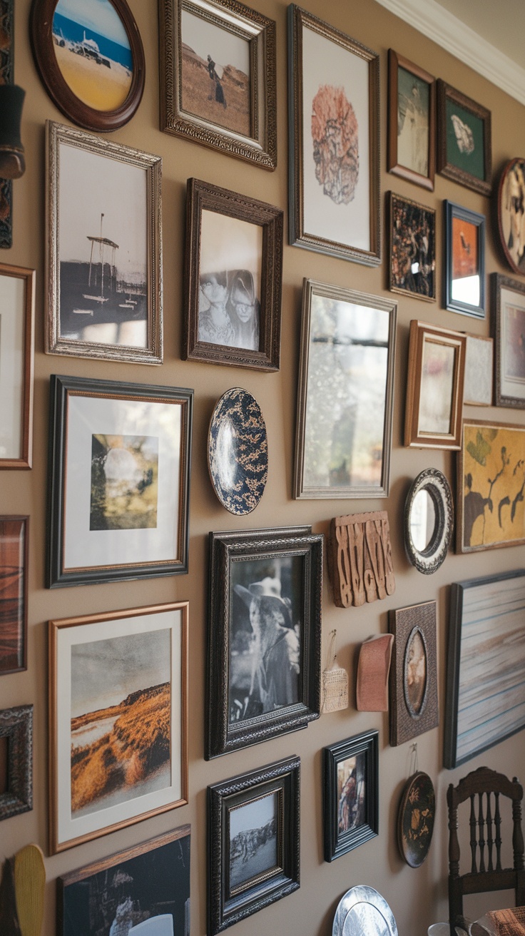 A vibrant eclectic gallery wall featuring various framed art pieces, photographs, and decorative plates.