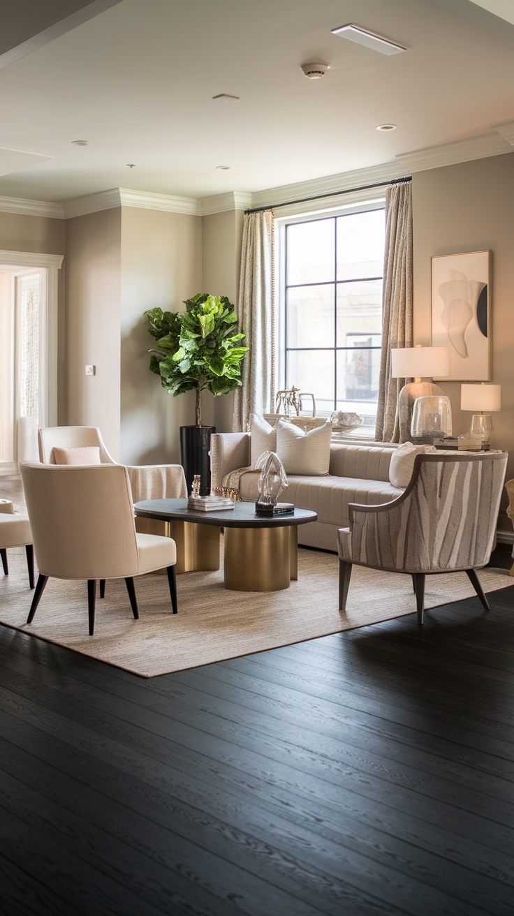 Living room with dark ash floor, light furniture, and natural light