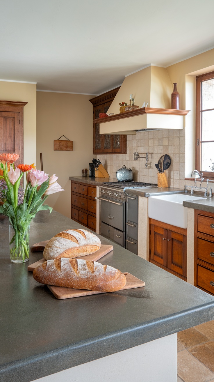 A French country kitchen featuring dark stone countertops, wooden cabinets, and freshly baked bread.