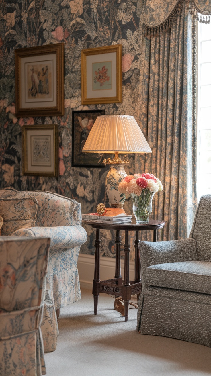 Cozy living space with floral wallpaper, lamp, and flowers in a vase