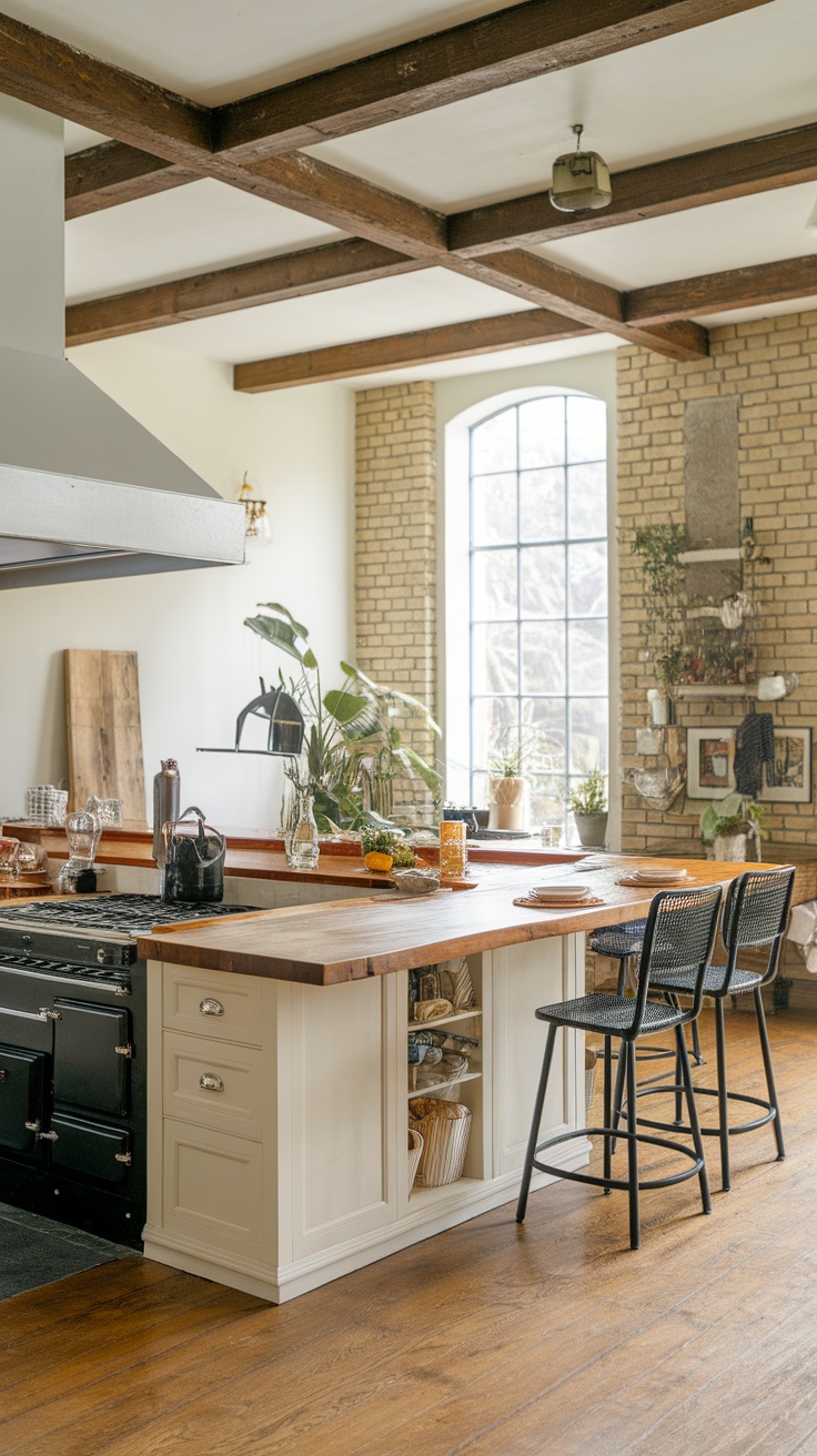 A stylish kitchen island in a French country kitchen with wooden top and high stools.