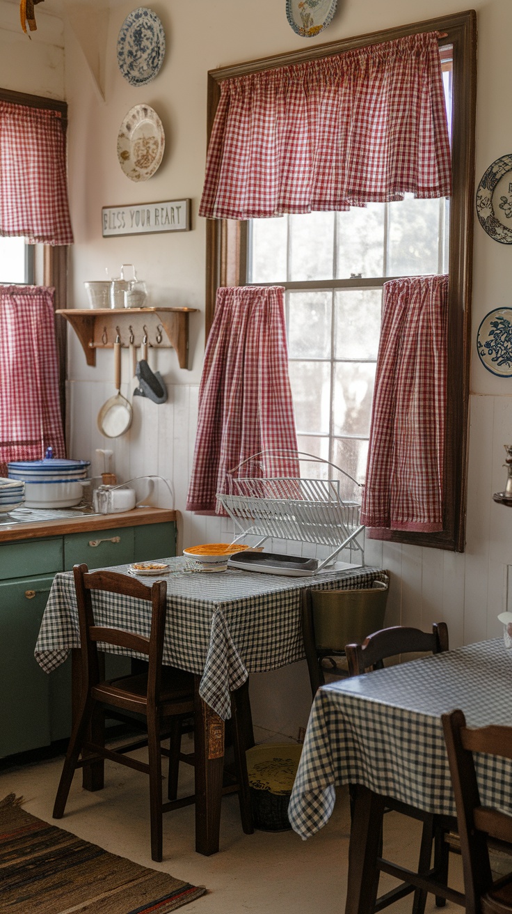 A cozy kitchen with red and white gingham curtains and checkered tablecloths.