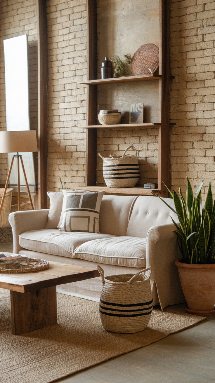 Cozy living room with handwoven storage baskets, a sofa, and plants.