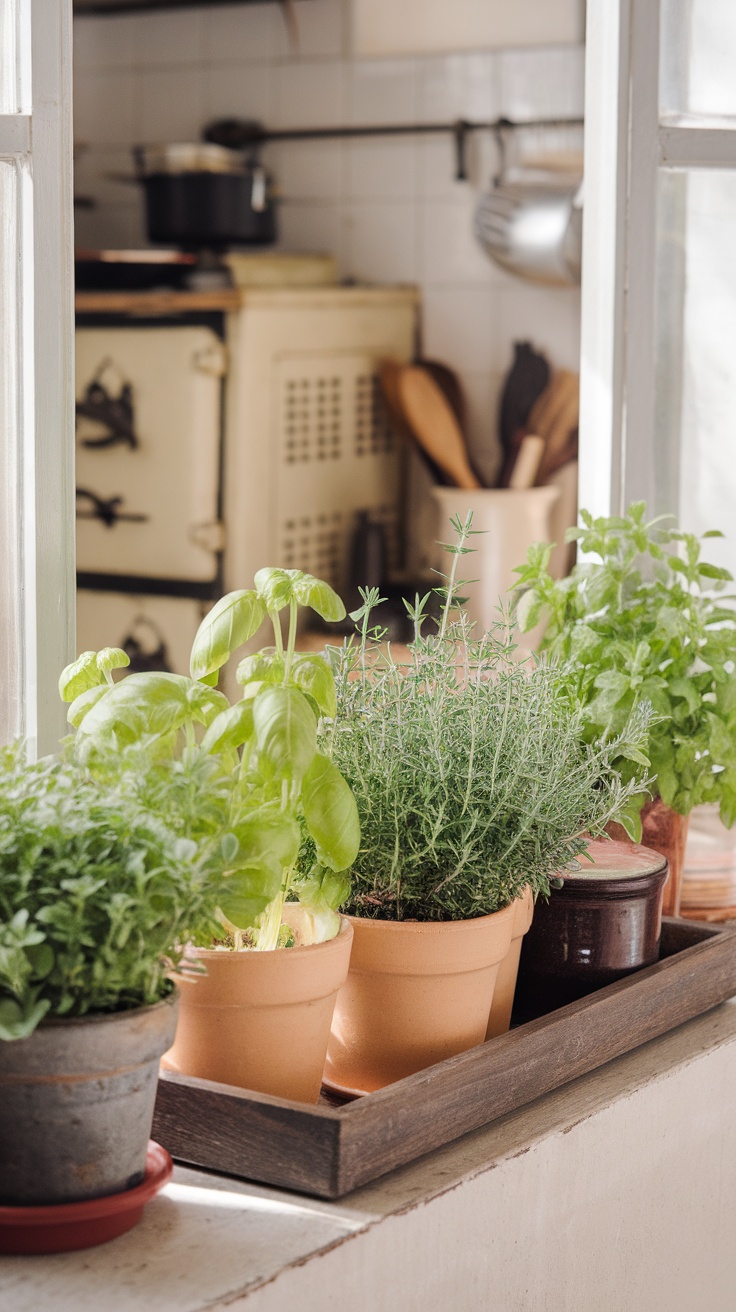 A collection of potted herbs on a kitchen windowsill with a rustic feel