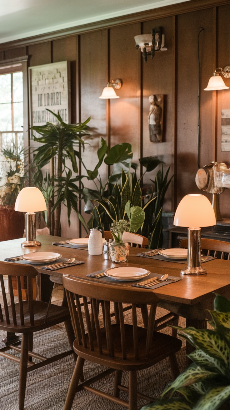 A cozy dining area with layered lighting, featuring a set table and plants.