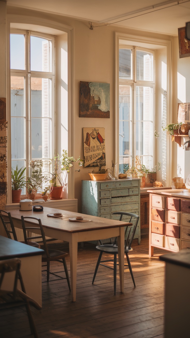 A cozy French country kitchen with natural light flooding in through large windows, highlighting wooden furniture and plants.