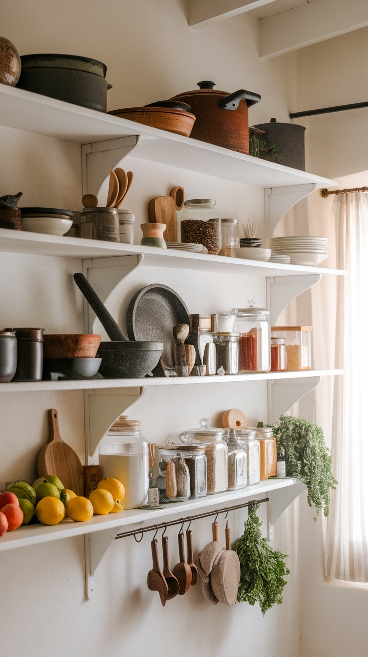 Open shelves in a French country kitchen displaying various cookware, jars of ingredients, and fresh fruits.