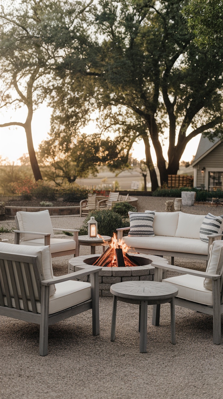 Cozy outdoor fire pit surrounded by comfortable seating and trees.