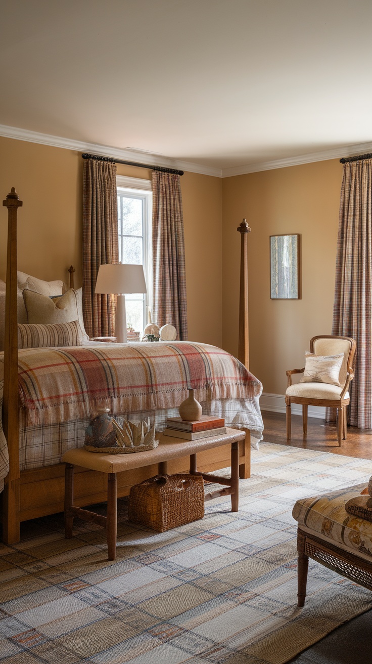 A cozy bedroom featuring plaid textiles in bedding and curtains, with warm tones and wooden furniture.