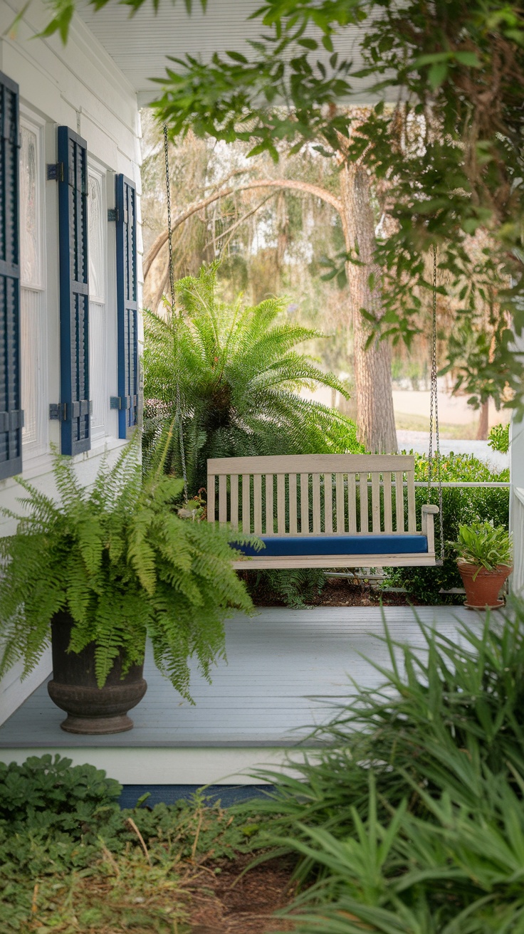 A cozy porch swing surrounded by lush greenery and potted ferns.