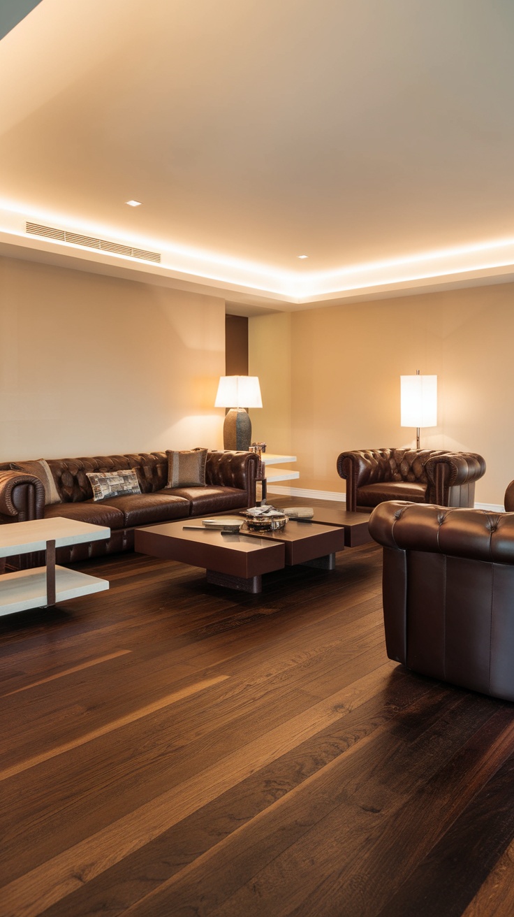 Modern living room with rich walnut flooring and brown leather furniture