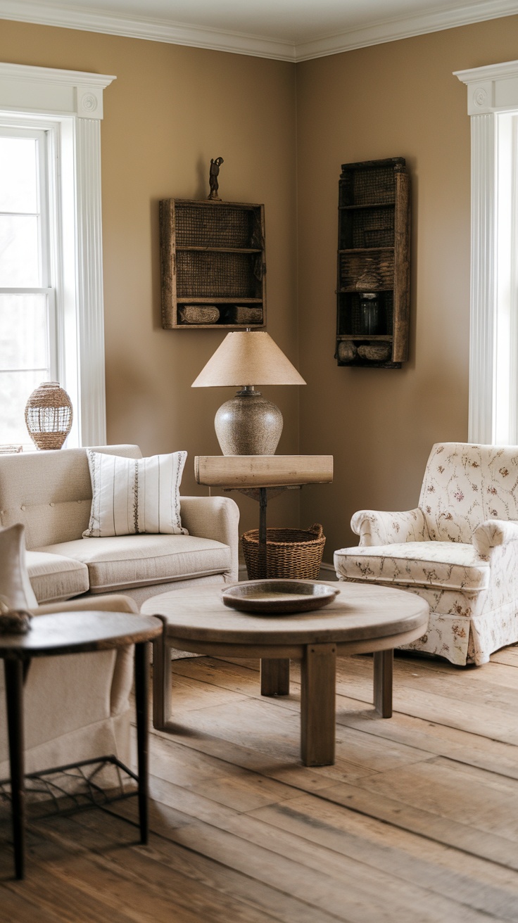 Cozy living room with rustic farmhouse furniture, featuring a light sofa, round coffee table, and wooden shelves.