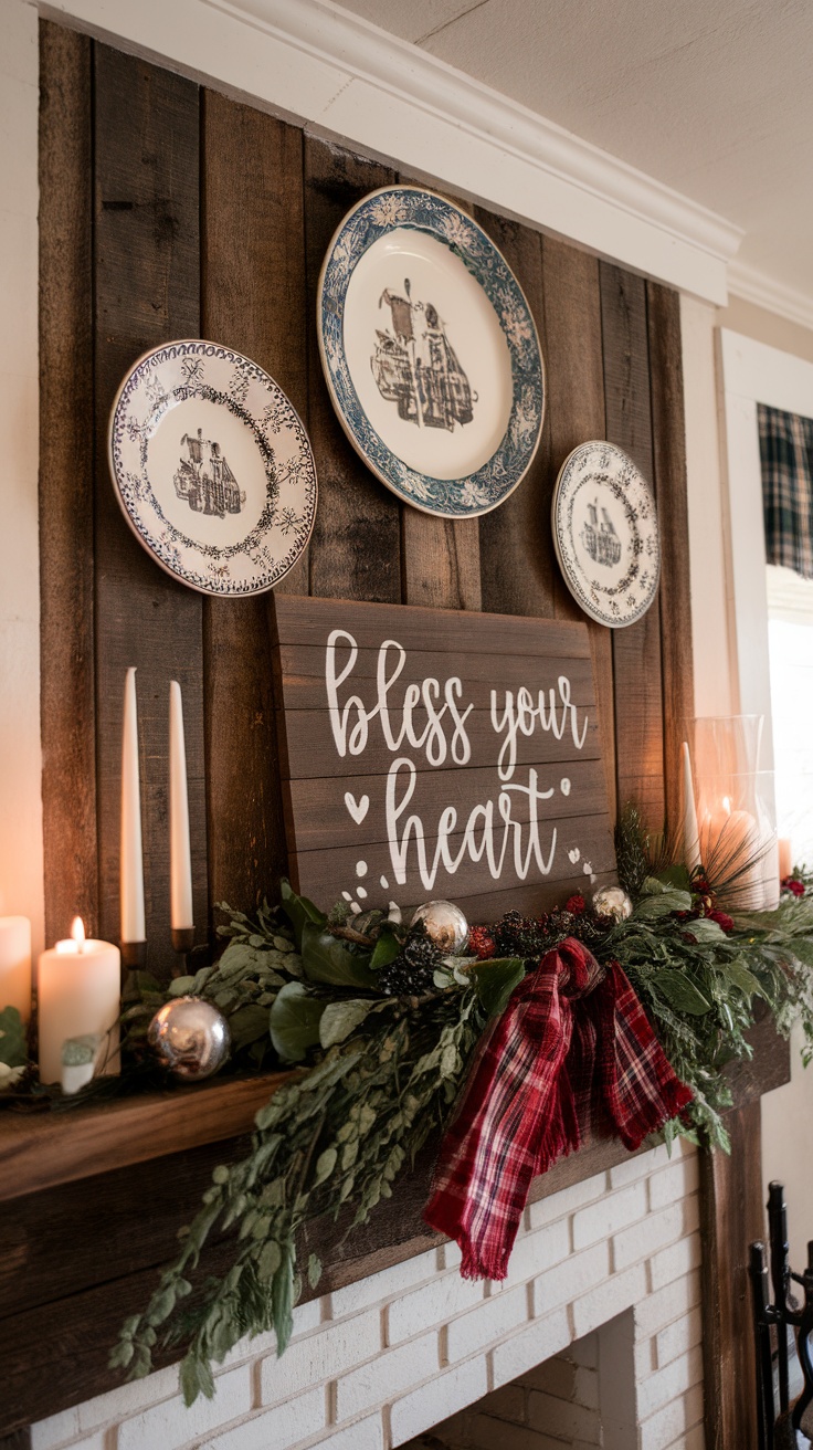 A rustic fireplace mantel decorated with plates, a wooden sign saying 'bless your heart', candles, and greenery.