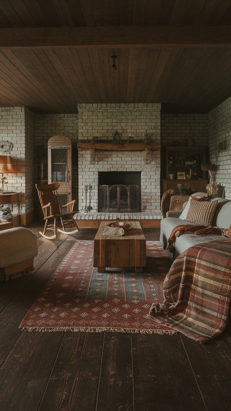 A cozy living room featuring rustic pine floors, wooden beams, a stone fireplace, and vintage furniture.