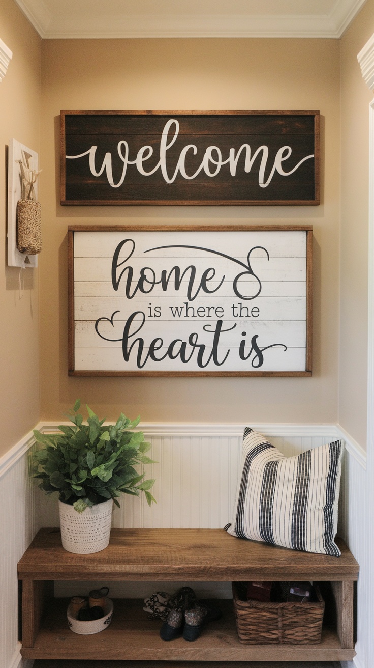 Entryway with rustic wooden signs that say 'welcome' and 'home is where the heart is', featuring a plant and a striped pillow