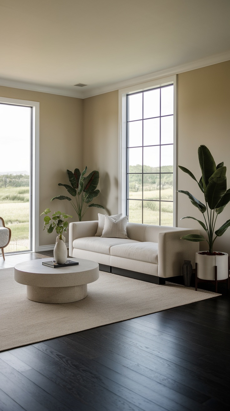 Modern living room featuring sleek ebony finish flooring, beige sofa, round coffee table, and large windows with natural light.