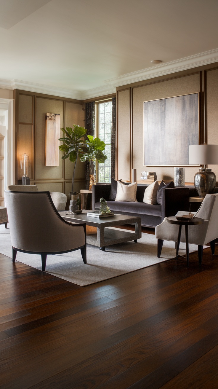 Stylish living room featuring sophisticated wenge wood flooring, elegant furniture, and natural lighting