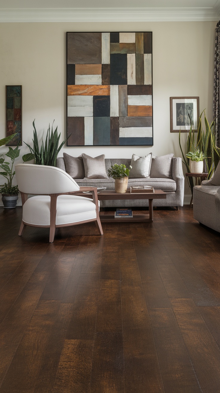 Living room with espresso finish flooring and light-colored furniture