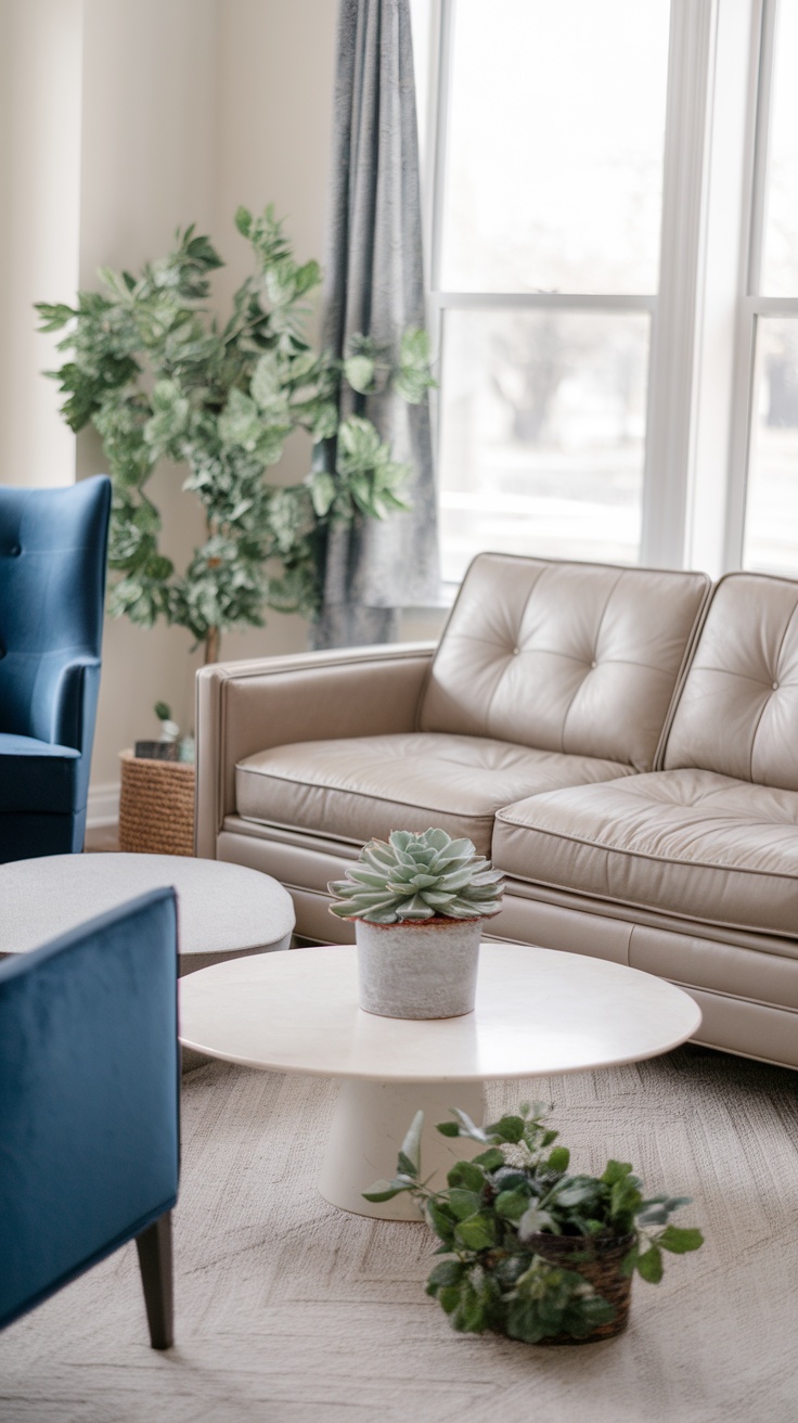 A cozy living room featuring a leather sofa, vibrant chairs, and various plants including a succulent on a coffee table.