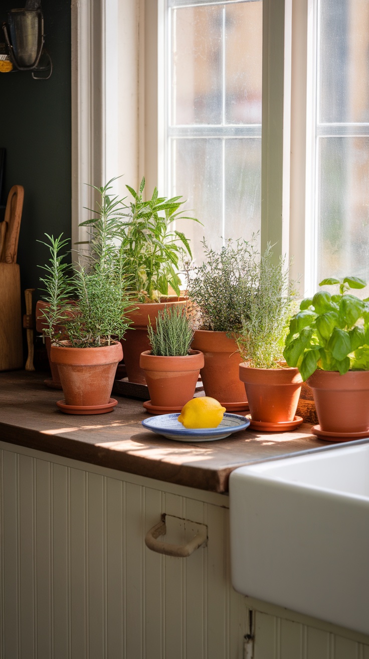 Terracotta pots filled with various herbs on a kitchen windowsill