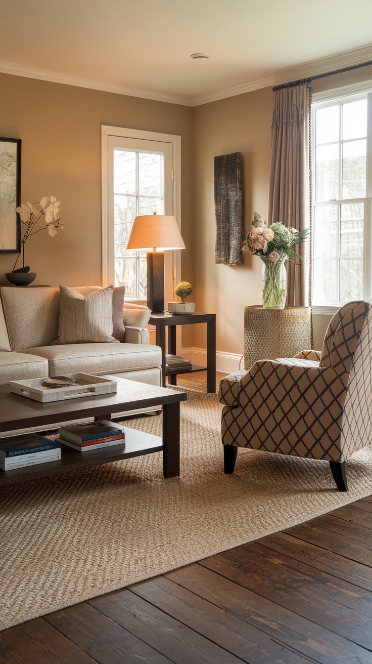 Cozy living room featuring dark maple flooring, light furniture, and warm accents.