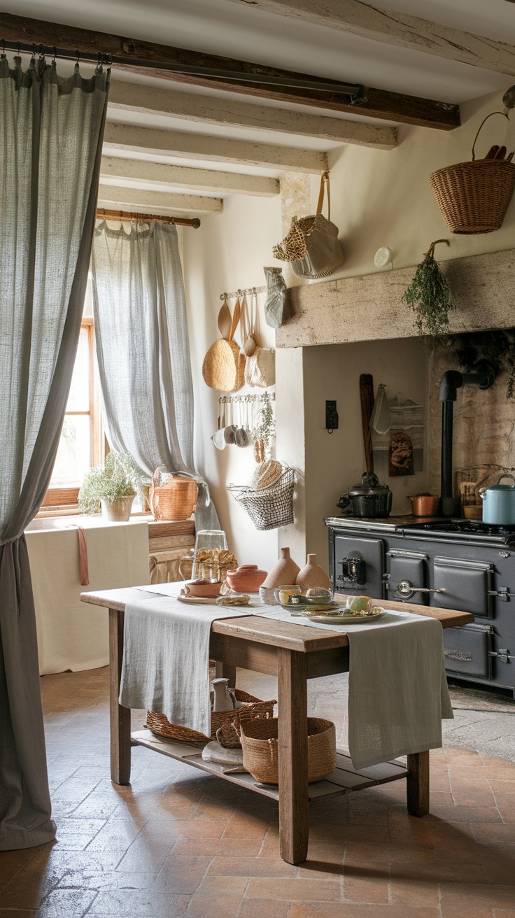 A cozy French country kitchen showcasing textured fabrics, linen curtains, and rustic decor.