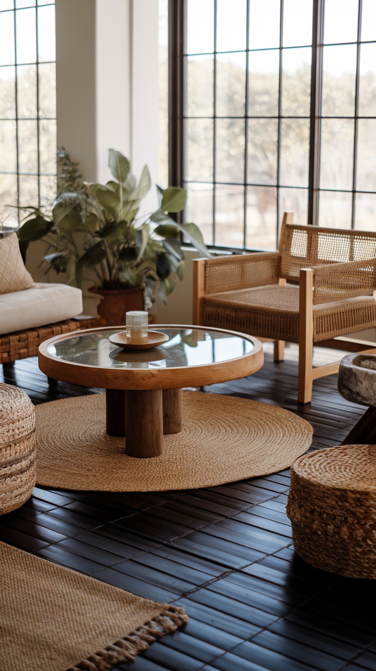 Cozy living room with black bamboo flooring, featuring light furniture and plants.