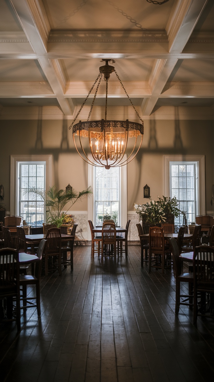 A traditional chandelier hanging in a room with wooden tables and large windows.