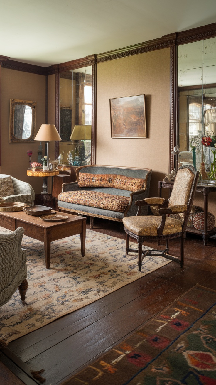 A vintage living room with dark cherry plank flooring, featuring elegant furniture and warm color tones.