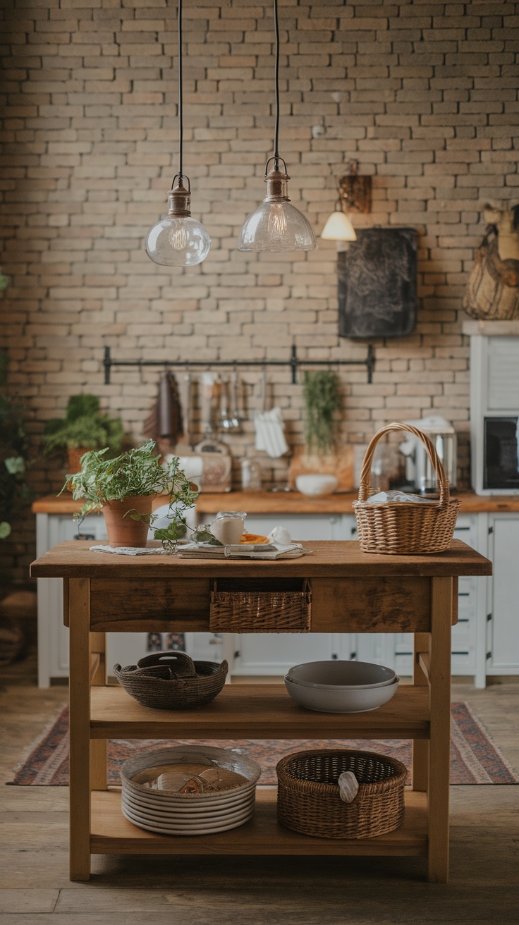 Vintage glass pendant lights hanging above a wooden kitchen table in a rustic kitchen setting.