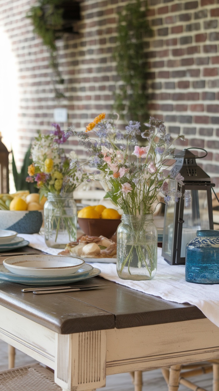 A cozy table setting featuring vintage mason jars with flowers, fruits, and a rustic dining setup.