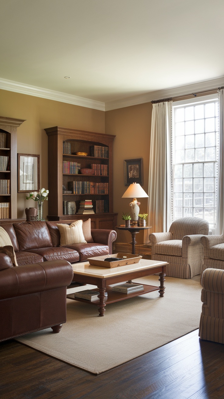 Cozy living room with leather sofa, wooden bookshelves, and warm color palette