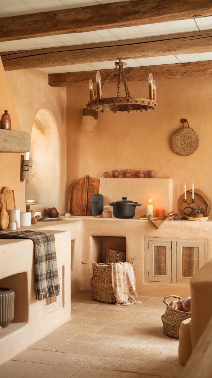 A warm and inviting French country kitchen with earthy tones, wooden beams, and charming decor.