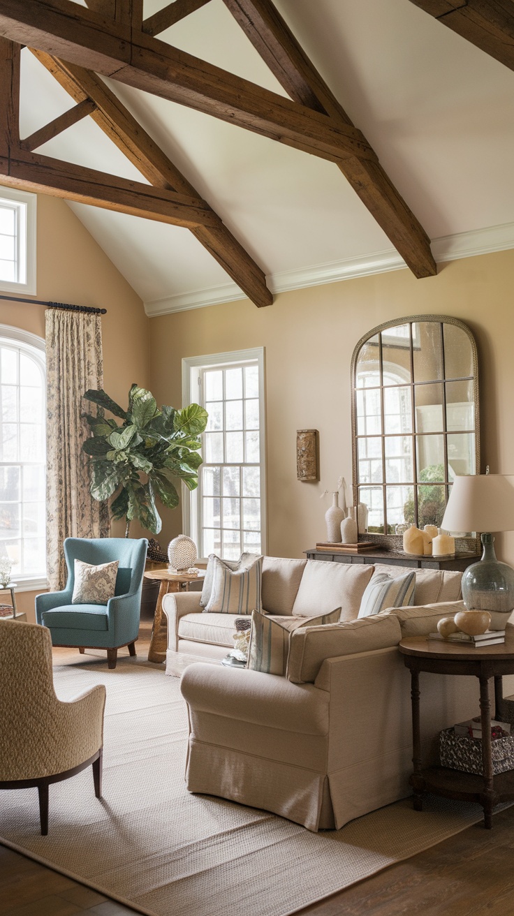 A cozy living room featuring wooden beams on the ceiling, with comfortable furniture and natural light.