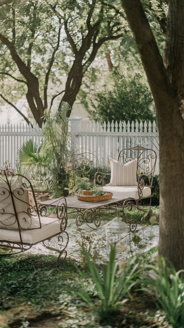 Wrought iron outdoor furniture set in a garden with cushions and a table