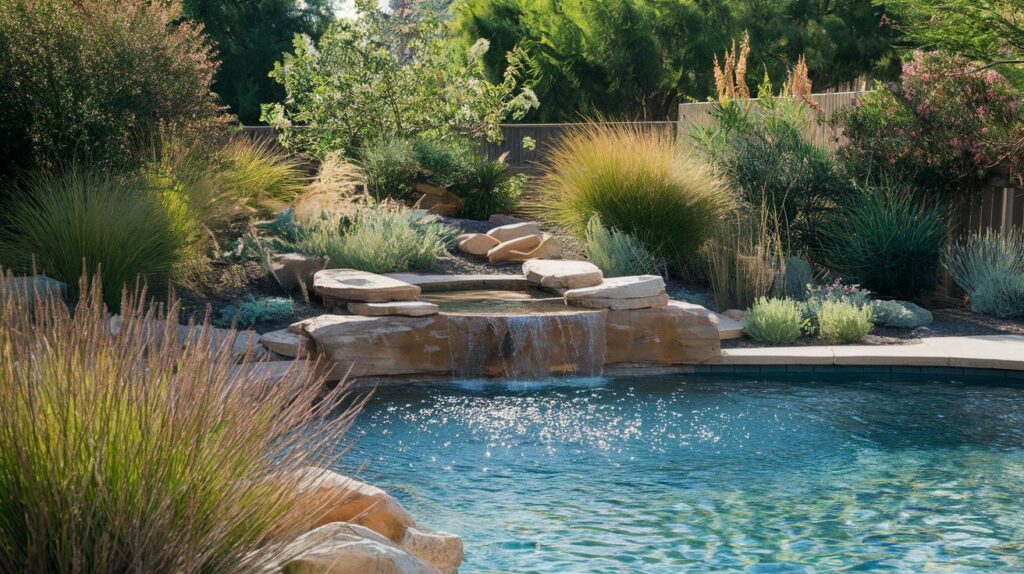 A backyard pool surrounded by native plants such as drought-resistant succulents, ornamental grasses, and flowering shrubs