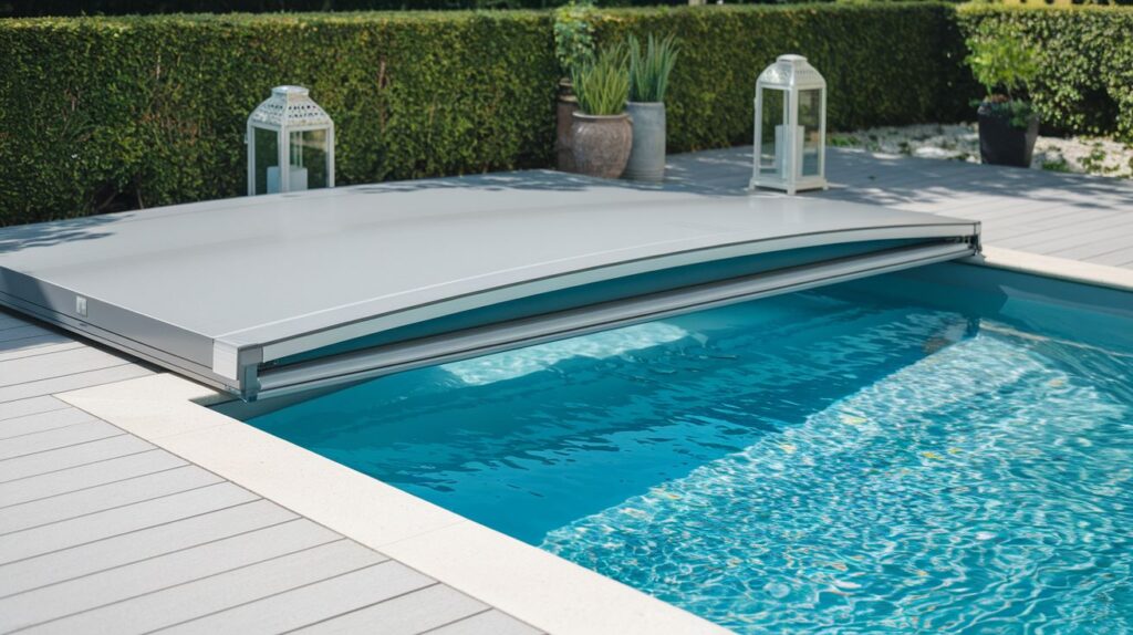 A backyard pool with a retractable pool cover partially extended