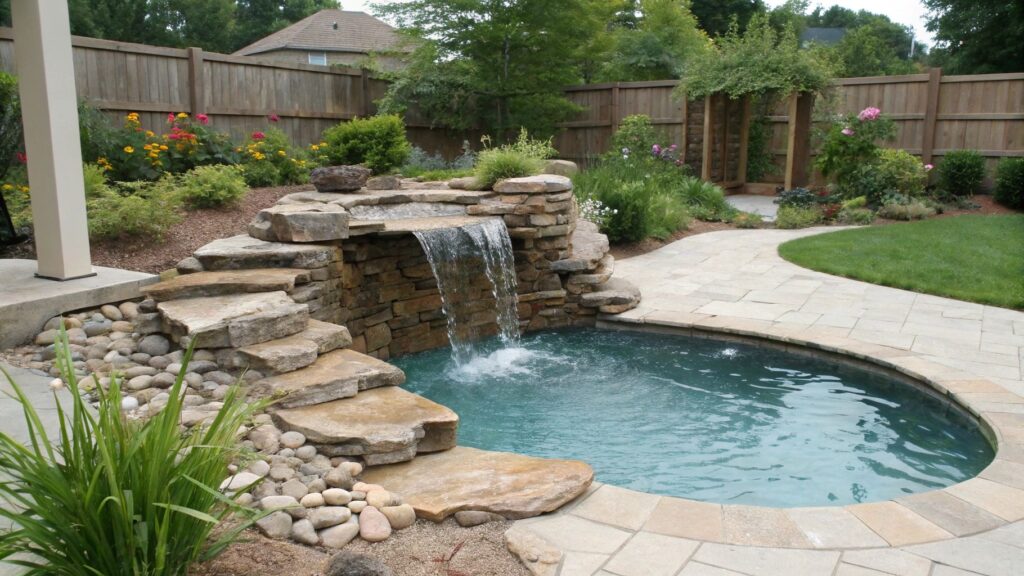 A backyard pool with a small cascading water fountain built into the surrounding landscaping