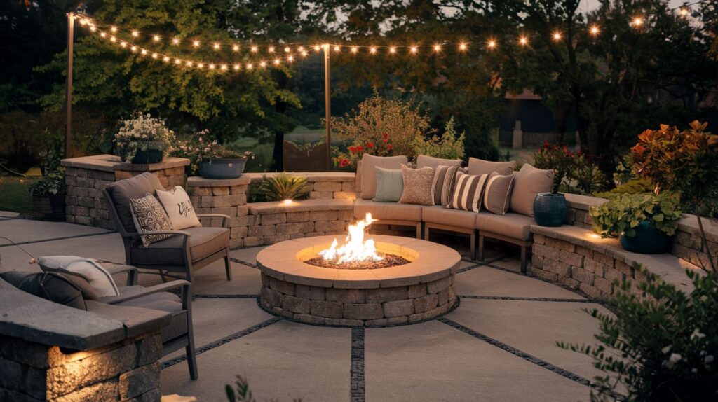 A cozy patio with a concrete slab with a built-in fire pit