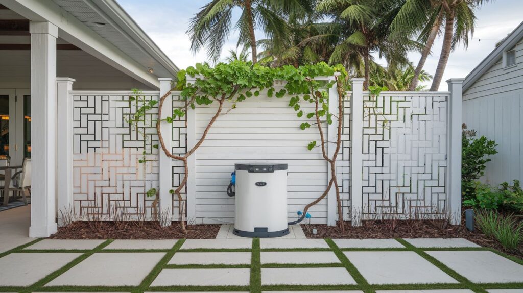 A decorative lattice panel enclosure surrounding a pool pump