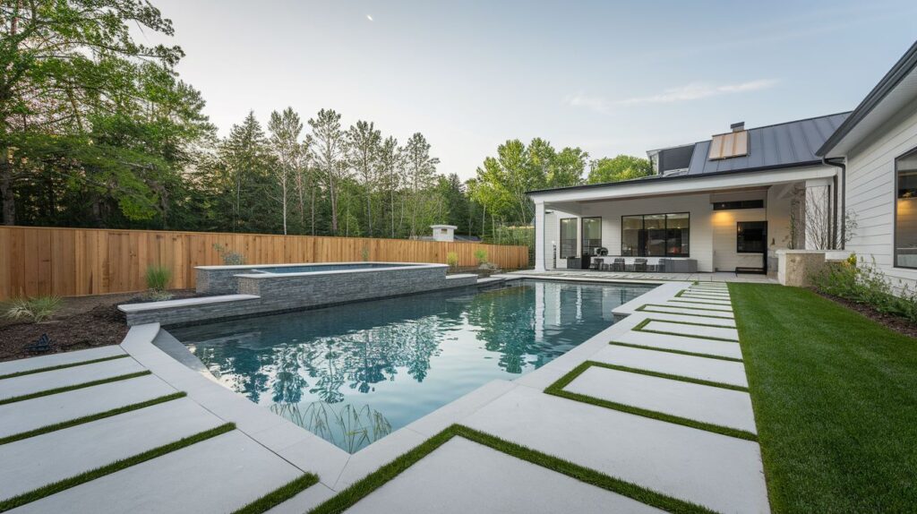 A modern backyard pool enclosed with an elegant safety fence