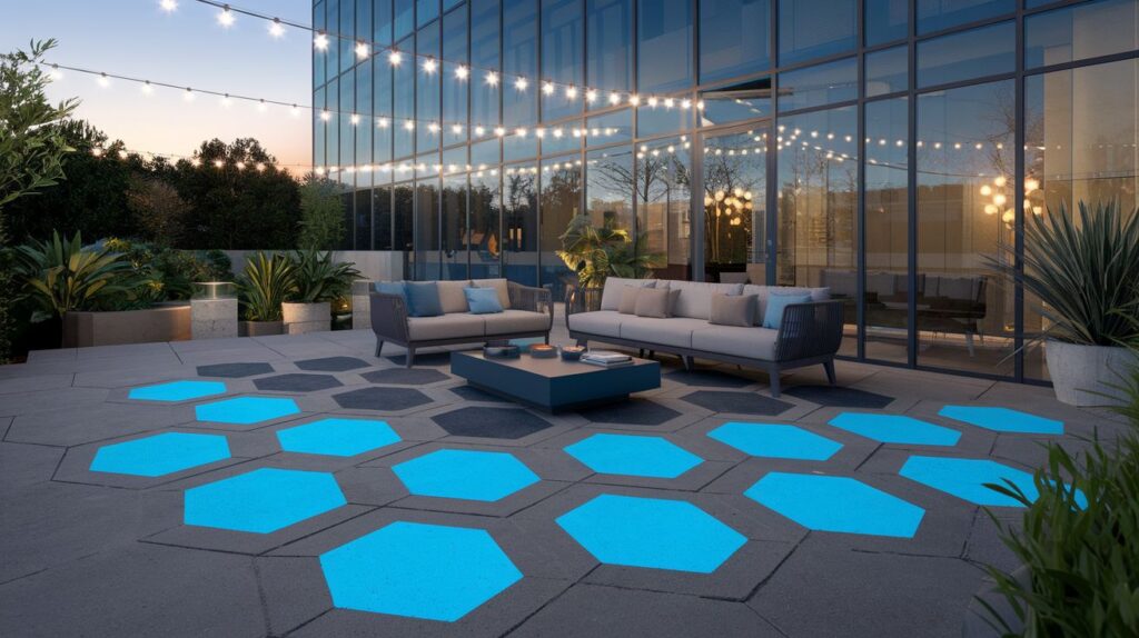 A modern patio with bold geometric patterns