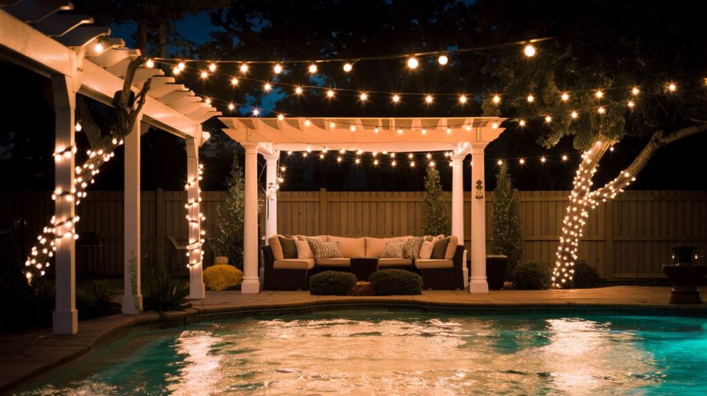 A nighttime backyard pool scene illuminated by warm string lights