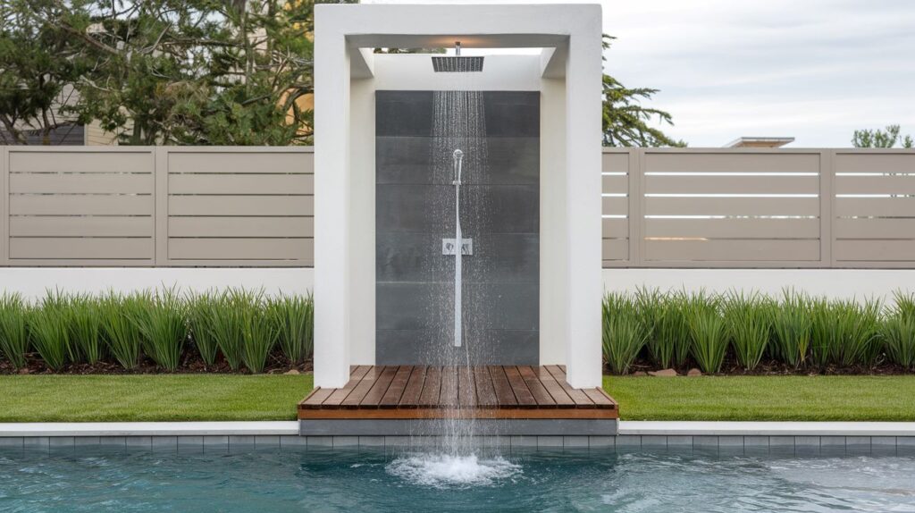 A sleek outdoor poolside shower setup