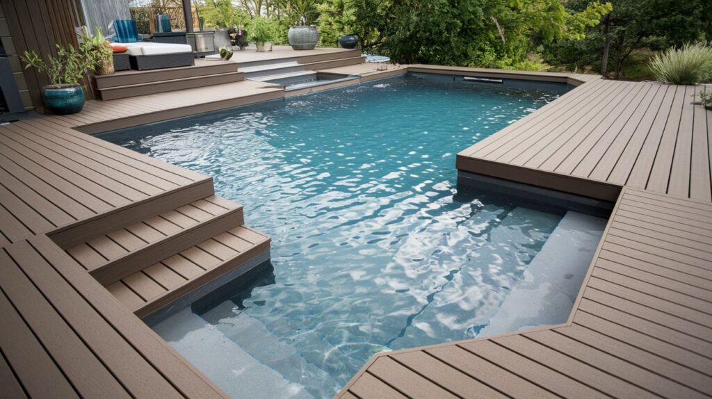 A stylish above-ground pool with an attached deck made