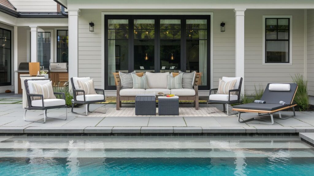 A stylish backyard pool area with modern, weather-resistant foldable furniture